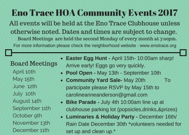 Eno Trace HOA Community Events 2017 (1)
